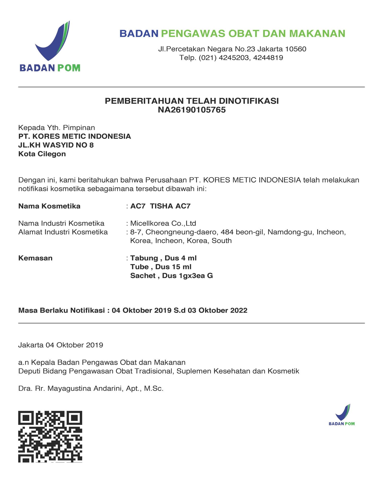 INDONESIA FDA RESISTRATION (TISHA AC7 BPOM)